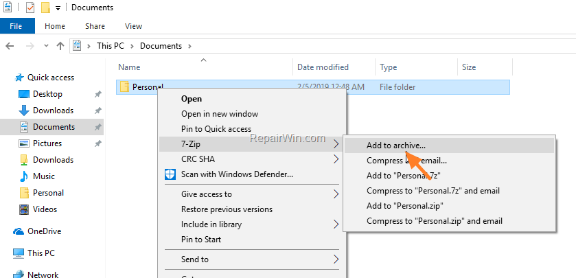 password protect a zip file windows 10