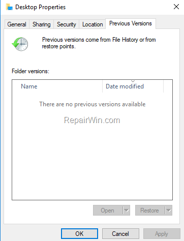 no previous versions windows 10