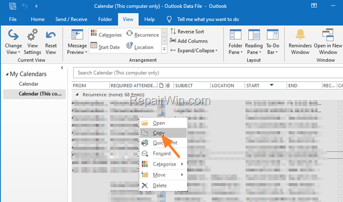 copy outlook calendar events to excel