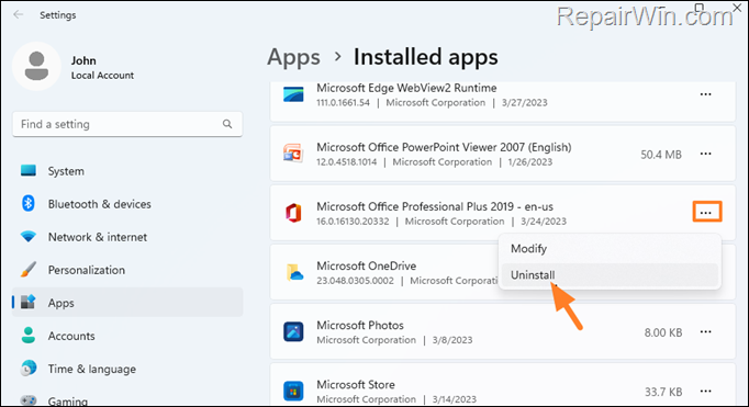 Uninstall MS Office from Apps
