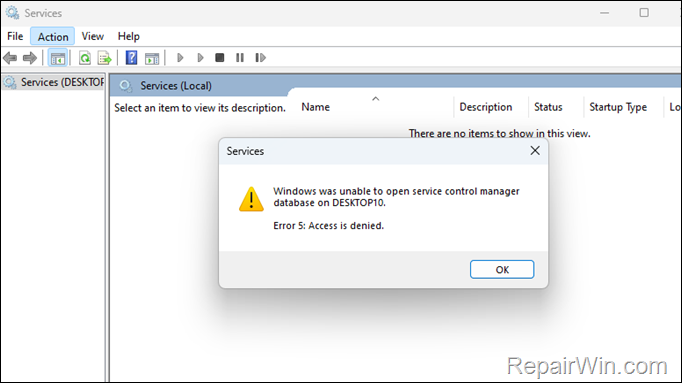 Windows was unable to open service control manager on database on remote computer-name. Error 5: Access is denied