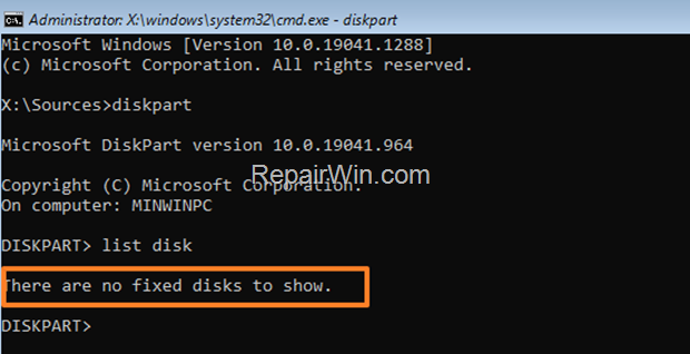 There are no fixed disks to show - DISKPART 