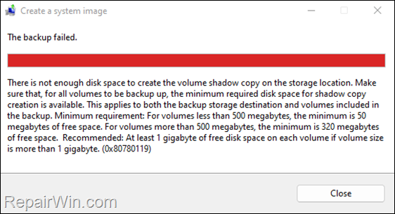 Backup failed. There is not enough space to create the volume shadow copy