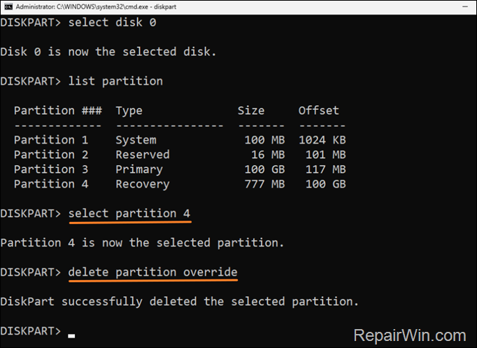 delete partition override