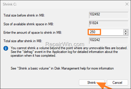 shrink partition