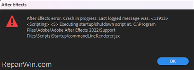 Affects Effects Error: Crash in progress in "commandLindRenderer.jsx"